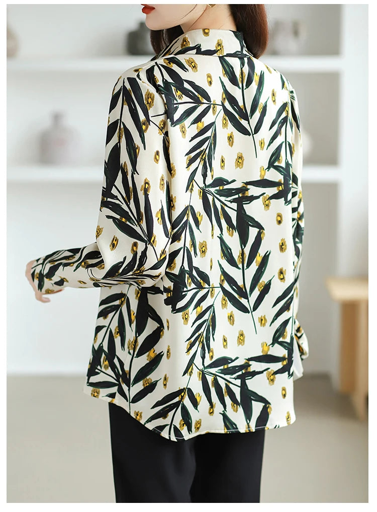 2025 Spring Autumn New Office Lady Blouse Fashion Floral Printed Shirt Turndown Collar Med-Length Long Sleeve Women Tops