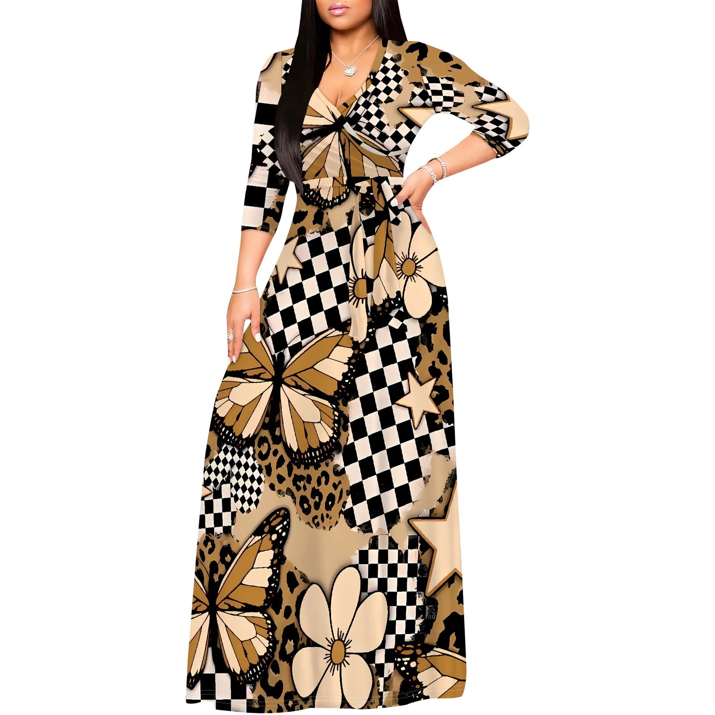 Floral V-Neck 3/4 Sleeve Wrap Maxi Dress with Belt - Women's Bold Elegant Party Evening Resortwear Date Night