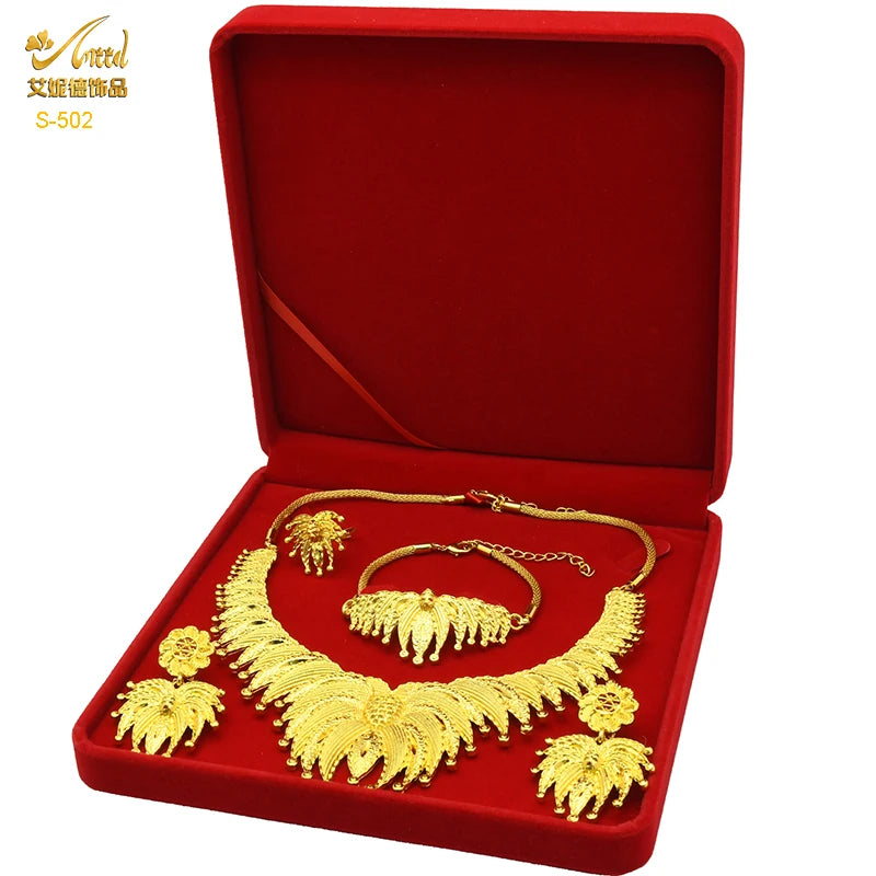 ANIID Dubai Plated Jewelry Set For Women Indian Earring and Necklace Nigeria Moroccan Bridal Accessorie Wedding Bracelet Gifts