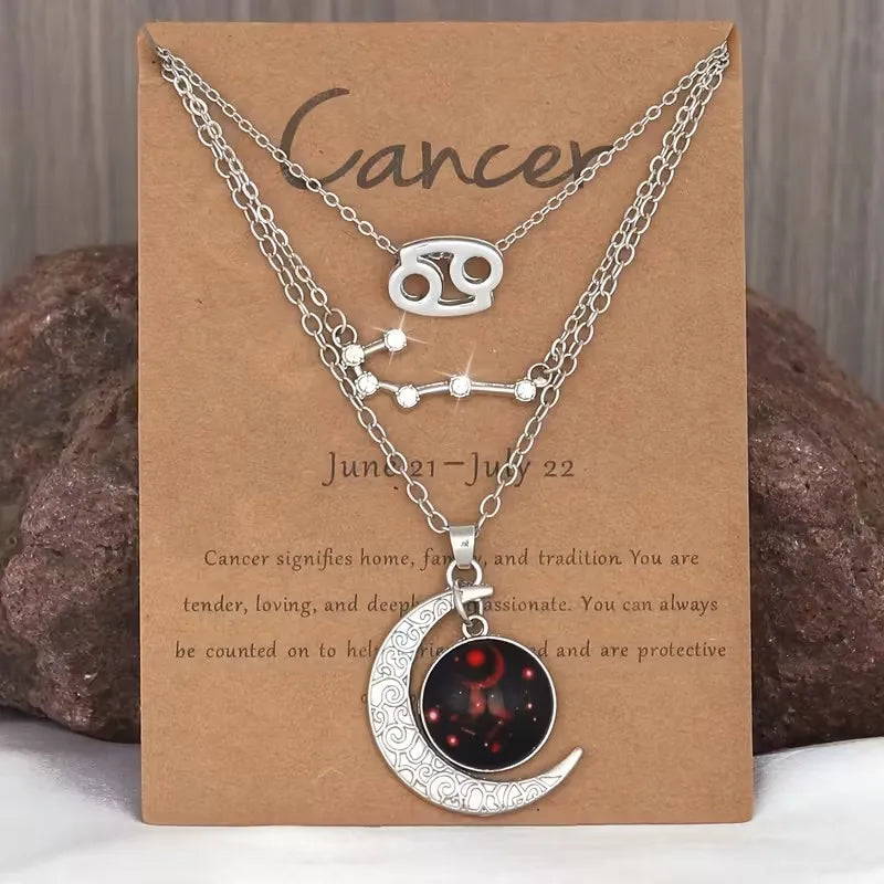 3 Pieces/Set Zodiac Retro Moon Glow Pendant Necklace Set with Birthstone Cards, Birthday Gift for Besties and BFFs