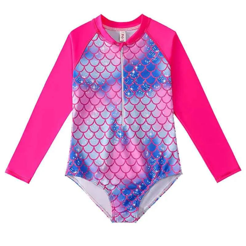 European American Style Mermaid Swimsuit Baby Girls Long Sleeves One-piece Swimsuit Hot Spring Fish Scale Kids Swimsuit 4-12Y - AMULET RING STORE