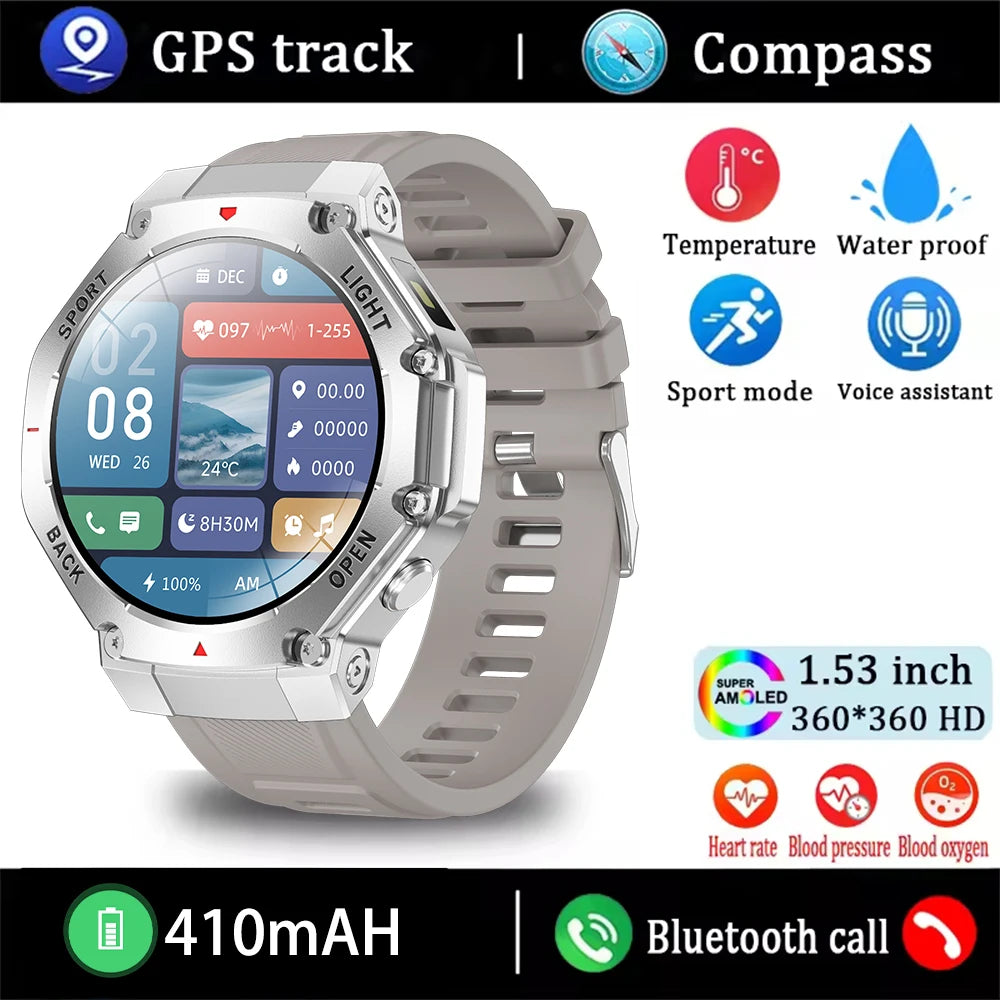 2025 New Men Sports Smart Watch GPS AMOLED Heart Rate Monitoring LED Flashlight NFC Bluetooth Call 3ATM Waterproof Smartwatches