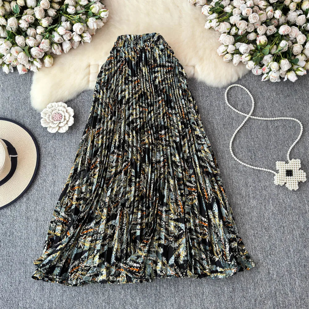 Chiffon A-Line Midi Skirt Women's Autumn 2025 New Sle Cover Hip Draped Large Swing Umbrella Skirt Pleated Floral Skirt