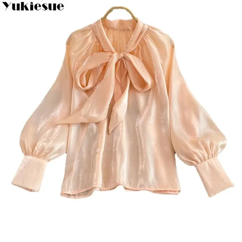 Spring Women's New Harajuku Tops V-neck Solid Color Bowknot Lantern Sleeves Loose Fashion Elegant Mesh Temperament Ladies Shirt