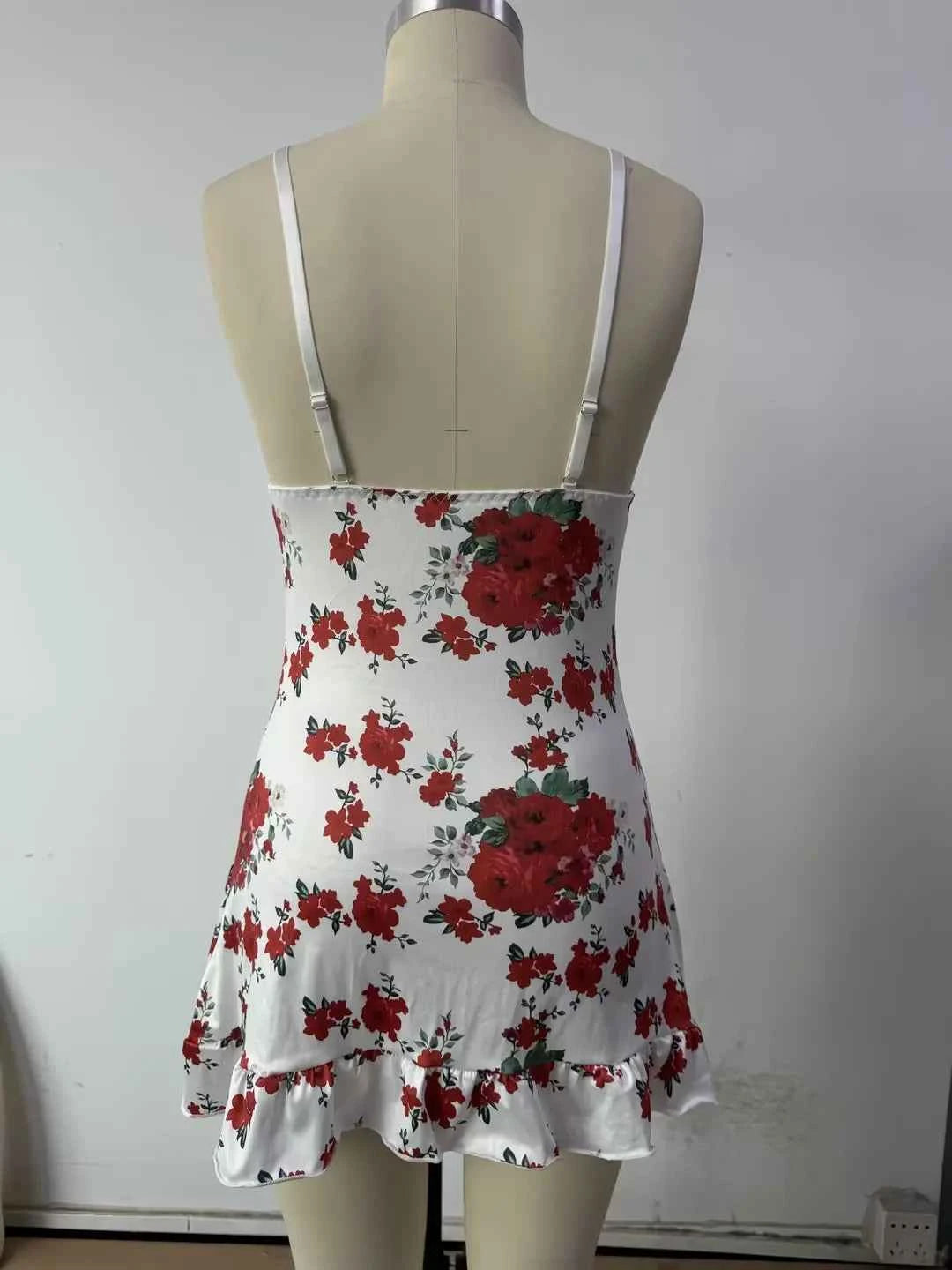 Sexy Rose Print Nightgown Women's Lace Trim Lingerie Criss Cross Cami Mini Dress Cute Bodycon Chemise Trendy Nightwear New