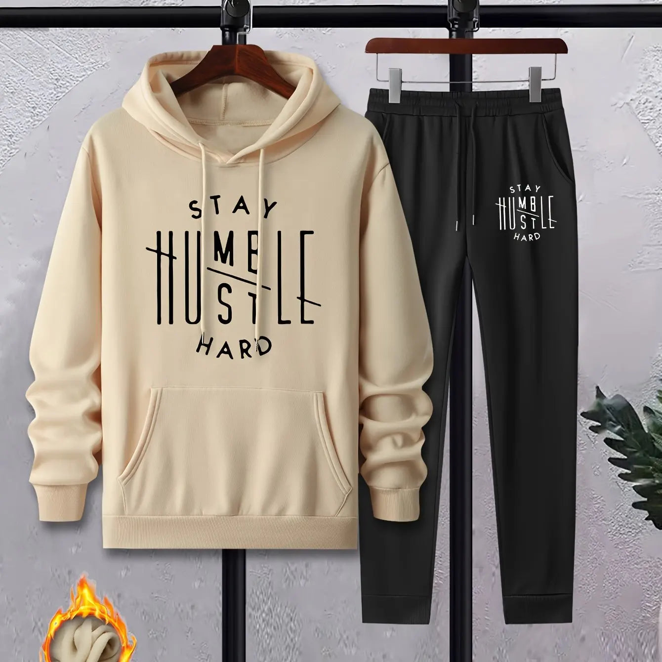 Men's Autumn/Winter Casual Fashion Warm Alphabets Pattern Printed Loose Thick Velvet Hoodie+Sports Pants Set