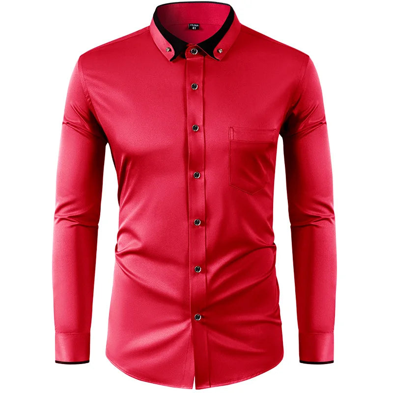 4XL Stand Up Collar Long Sleeve Shirt for Men Social Camisa Anti-wrinkle Pockets with Diamond Button Down White Shirt Black Blue