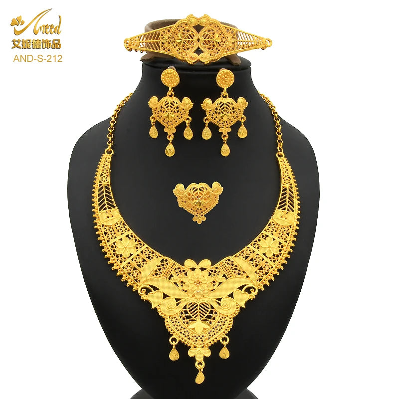 ANIID Dubai Plated Jewelry Set For Women Indian Earring and Necklace Nigeria Moroccan Bridal Accessorie Wedding Bracelet Gifts