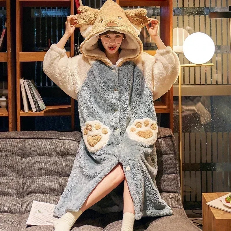 2024 Winter Pajamas For Women Cartoon Hooded Long Robe Strawberry Jacket Cute Home Wear Sleepwear Kawaii Flannel Warm Bathrobe - AMULET RING STORE