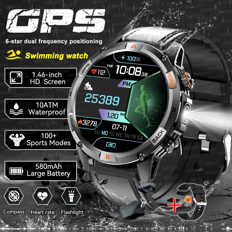 2026 GPS Military Smart Watches Men 10ATM Waterproof Call LED Flashlight 1.46" Rugged Tactical Watch Compass Fitness Smartwatch