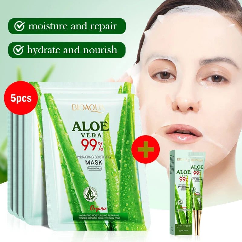 5/10pcs BIOAQUA Aloe Vera Moisturizing Facial Masks for Face Skin Soothing Brightening Firming Hydrating Facial Masks Skin Care - AMULET RING STORE