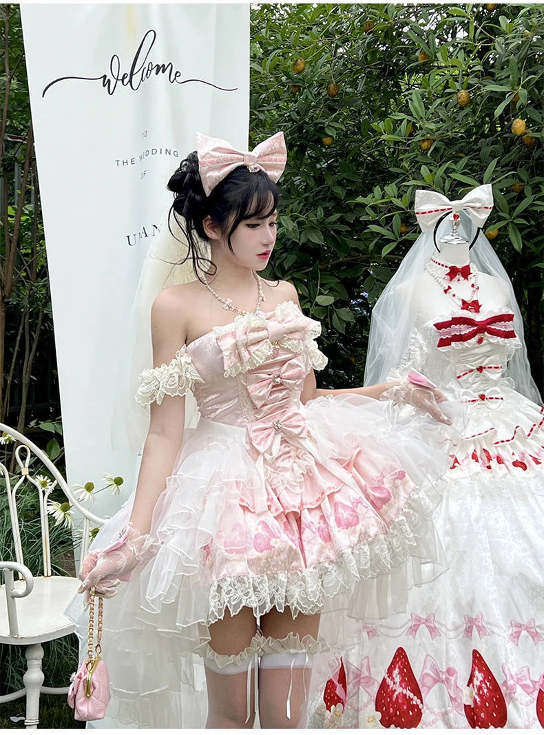 Sweet Princess Style Birthday Anniversary Wedding Dress New Lolita Cute Bow Sexy Strapless Girl Temperament Puffy Lace Dresses