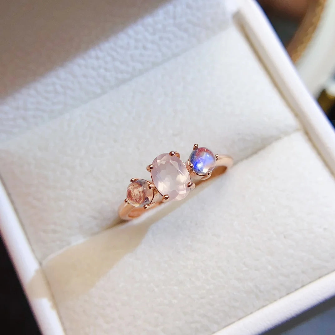 FS 5*7mm Natural Rose quartz Moonstone Ring S925 Sterling Silver Fine Charm Weddings Jewelry for Women MeiBaPJ With Certificate