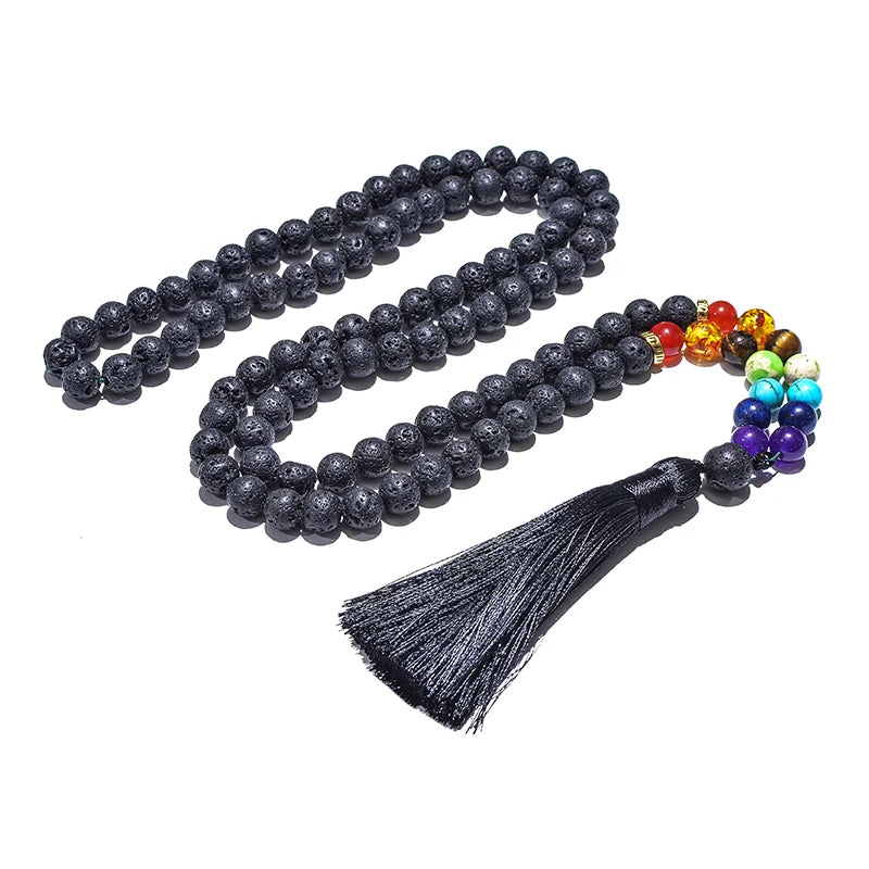 8mm Black Lava Stone 7 Chakra 108 Mala Beaded Necklace Meditation Yoga Prayer Jewelry Set Japamala Rosary