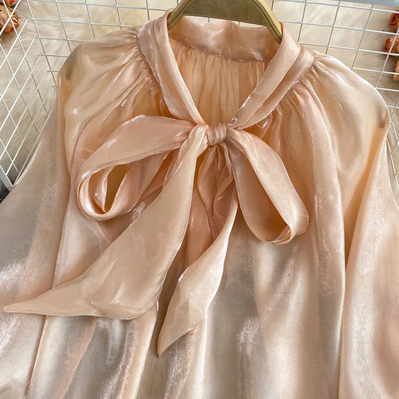Spring Women's New Harajuku Tops V-neck Solid Color Bowknot Lantern Sleeves Loose Fashion Elegant Mesh Temperament Ladies Shirt