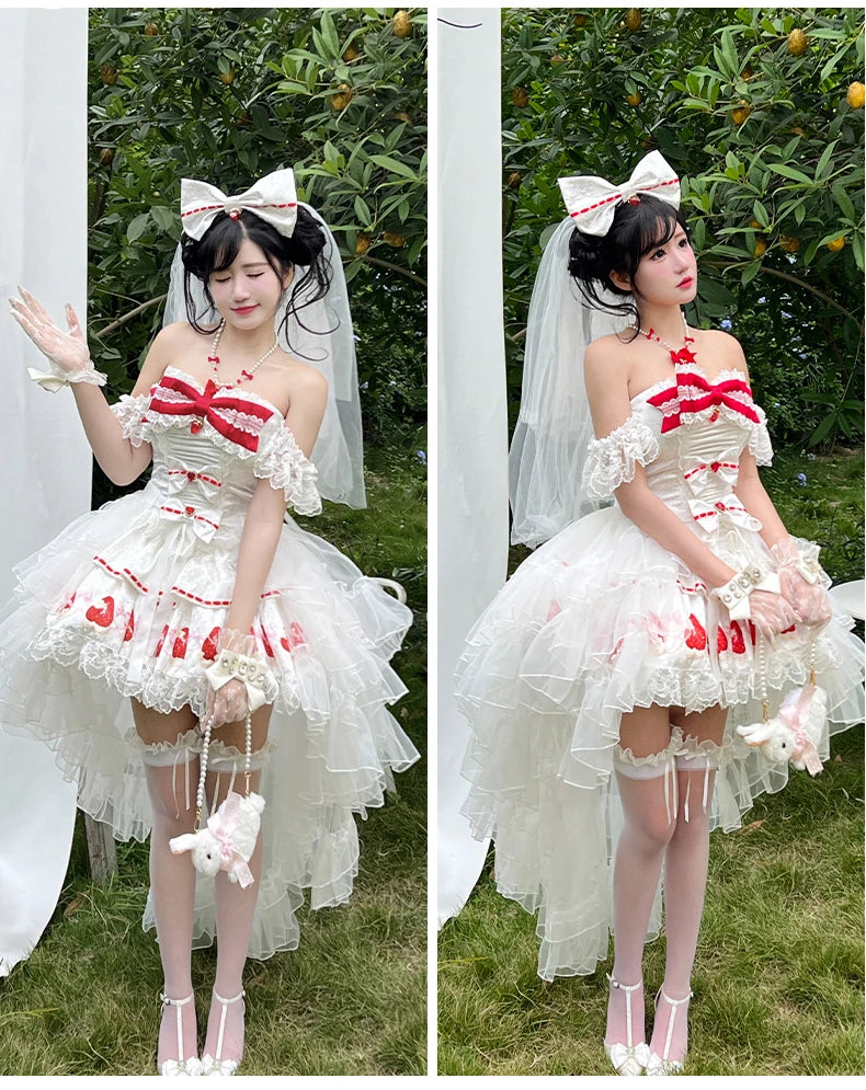 Sweet Princess Style Birthday Anniversary Wedding Dress New Lolita Cute Bow Sexy Strapless Girl Temperament Puffy Lace Dresses