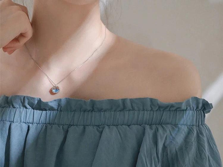 Mermaid Foam 925 Sterling Silver Fish Tail Tear Blue Crystal Clavicle Chain Pendant Necklaces