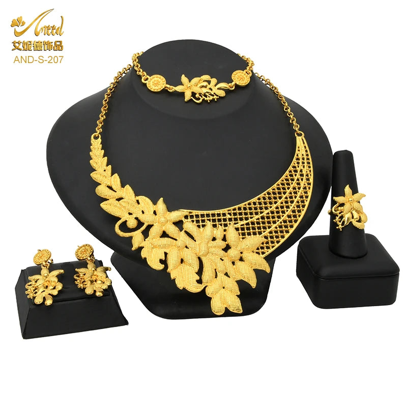 France Luxury 24k Gold Color Jewelry Set For Women Dubai Bridal Wedding Necklace And Earrings Set African Choker Party Gifts
