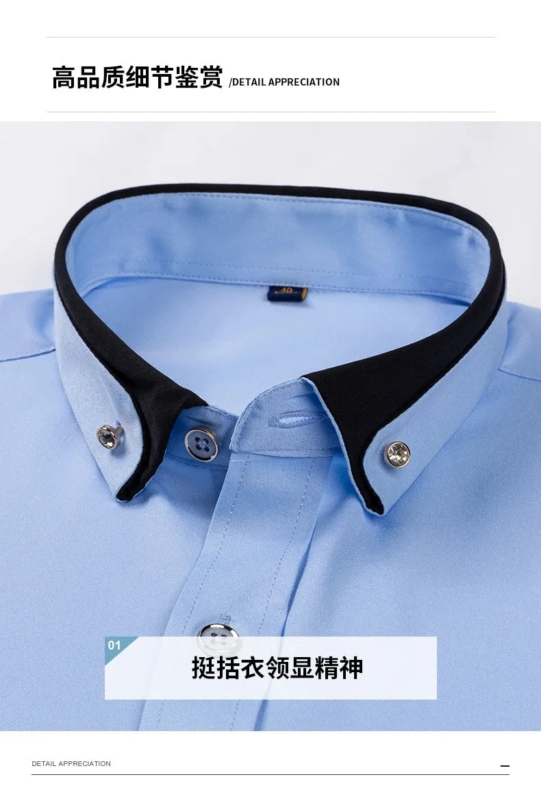 4XL Stand Up Collar Long Sleeve Shirt for Men Social Camisa Anti-wrinkle Pockets with Diamond Button Down White Shirt Black Blue