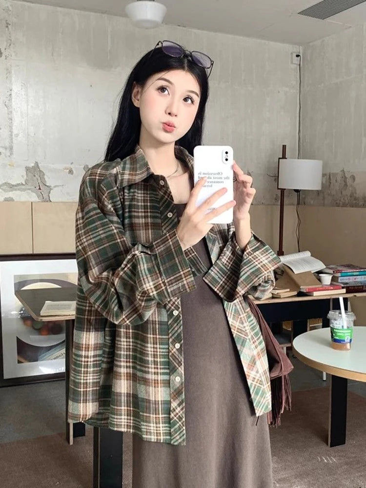 Zoki American Y2K Plaid Shirt Women Loose Streetwear Long Sleeve Vintage Blouse Casual Oversize All Match Female Spring Tops New - AMULET RING STORE
