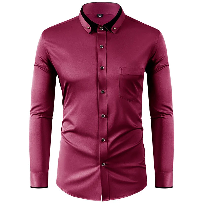 4XL Stand Up Collar Long Sleeve Shirt for Men Social Camisa Anti-wrinkle Pockets with Diamond Button Down White Shirt Black Blue