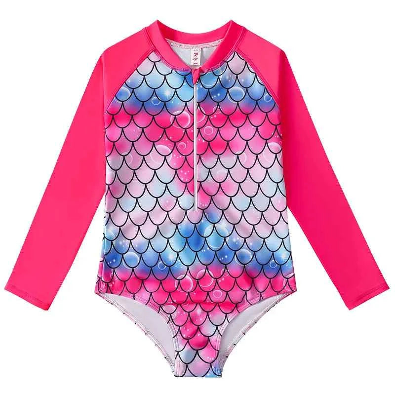 European American Style Mermaid Swimsuit Baby Girls Long Sleeves One-piece Swimsuit Hot Spring Fish Scale Kids Swimsuit 4-12Y - AMULET RING STORE