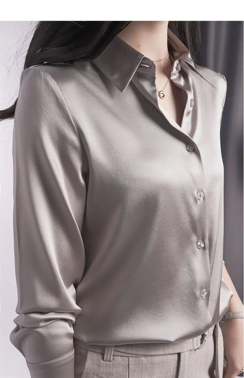 Spring Summer Casual Women's Satin Shirt Lapel Long Sleeve Blouse Loose Solid Color Office Lady Fashion Shirts Top