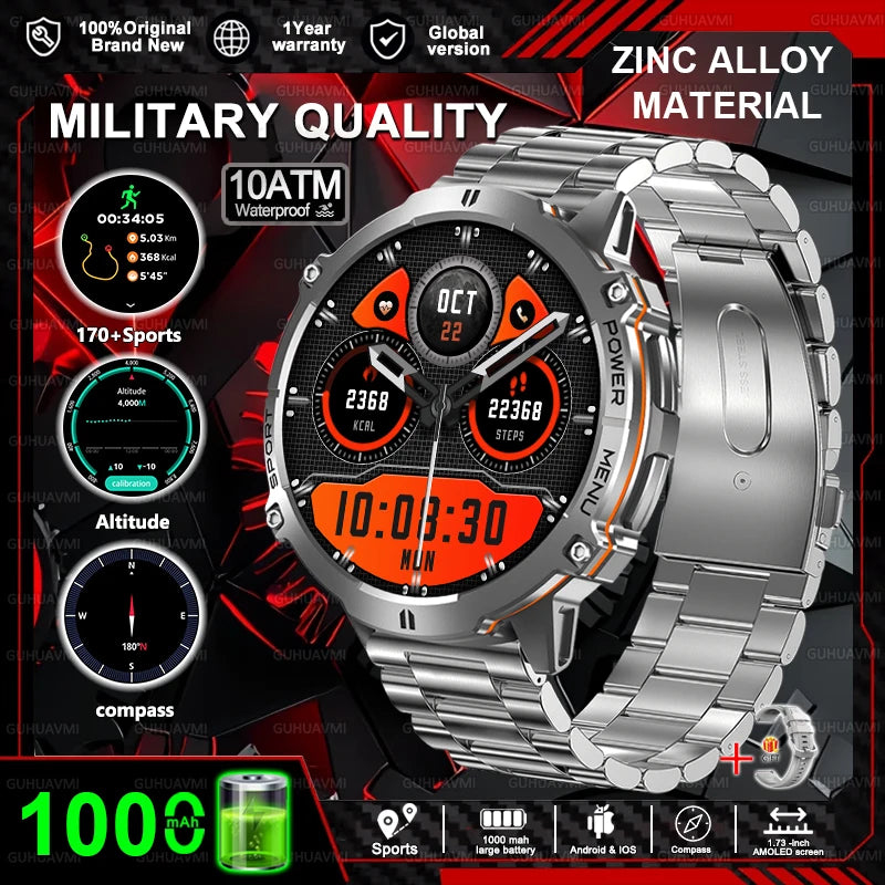 2025 New T-Rex3 1000mAh Battery Sports SmartWatch 1.73" AMOLED Screen 10ATM Waterproof Compass Altimeter Military bracelet Men