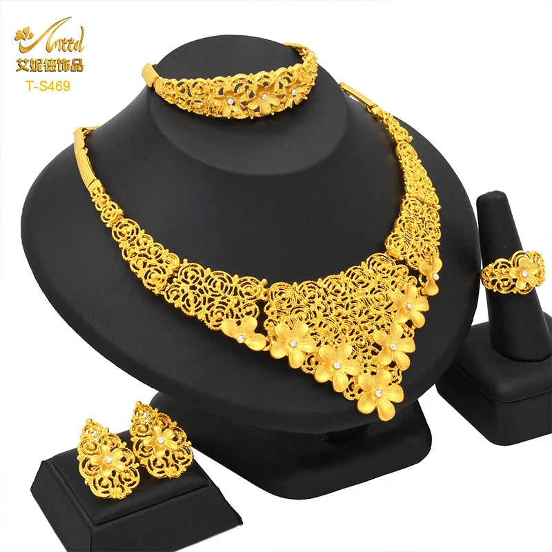 ANIID Dubai Plated Jewelry Set For Women Indian Earring and Necklace Nigeria Moroccan Bridal Accessorie Wedding Bracelet Gifts