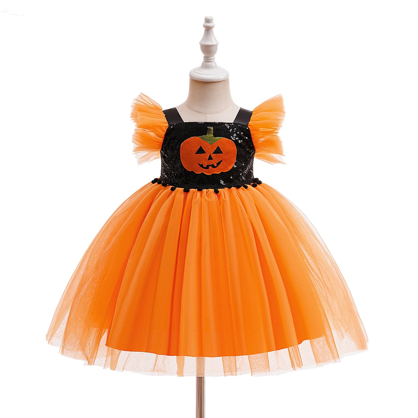 Baby Girl Halloween Costume 0-3 Yrs Little Girl Fantasy Dress Children Pumpkin Skeleton Print Fluffy Gown Kids Cute Orange Frock