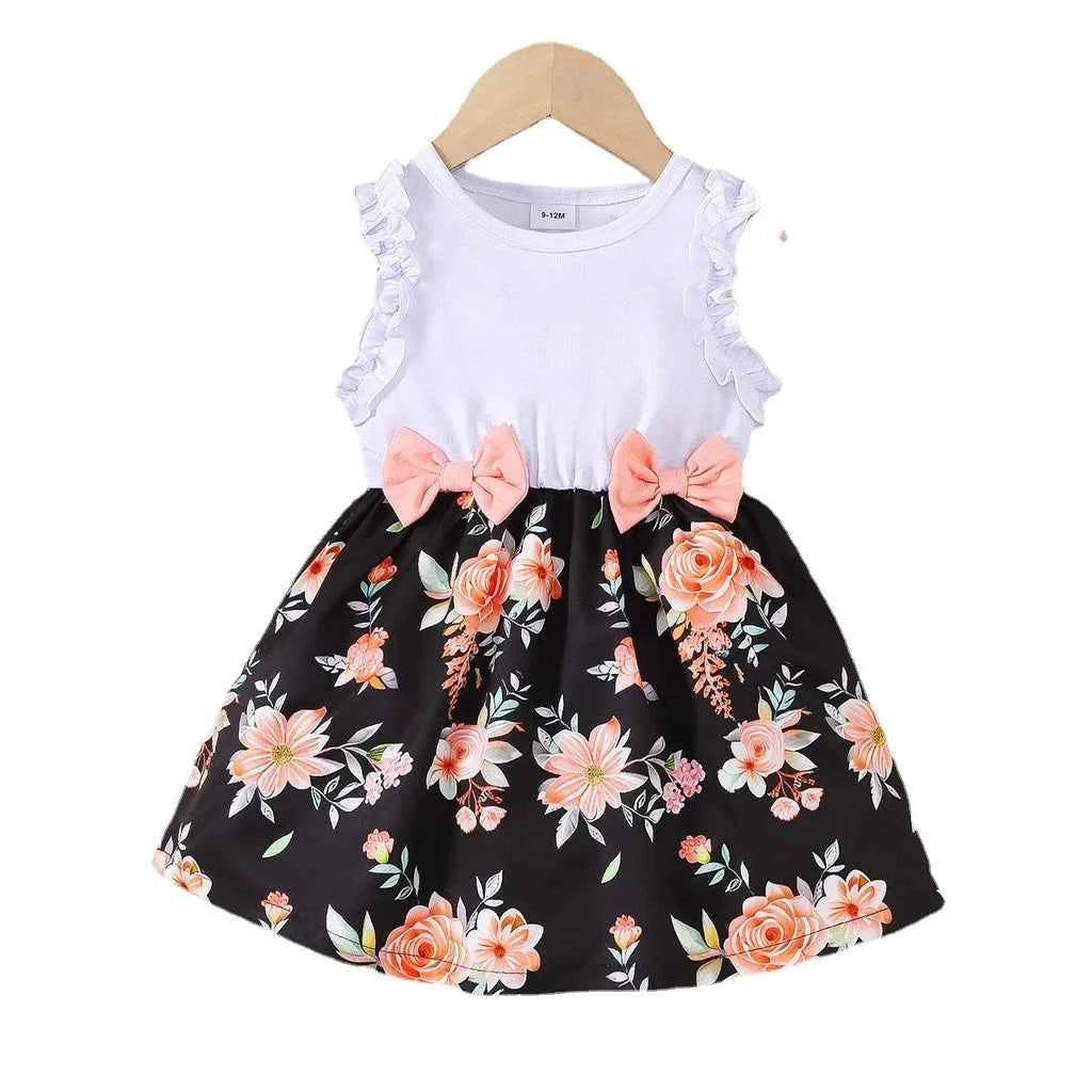 Baby Girl Summer Clothes Floral Print Sleeveless Dresses Pastoral Style Wedding Party Dress with Bow for Toddler Girl 0-3 Years - AMULET RING STORE