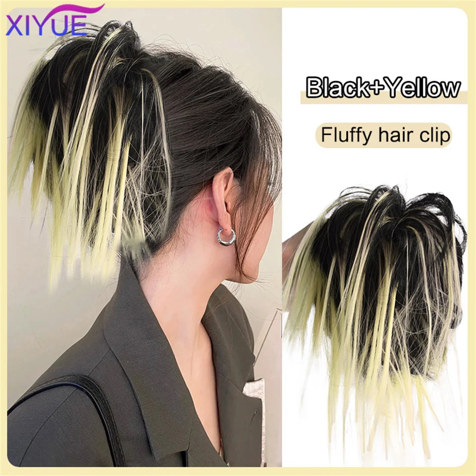 XIYUE Synthetic Messy Hair Bun Tousled Hairpiece Elastic Band Chignon Curly Scrunchie Updo Cover Hair Tail for Women Pink - AMULET RING STORE