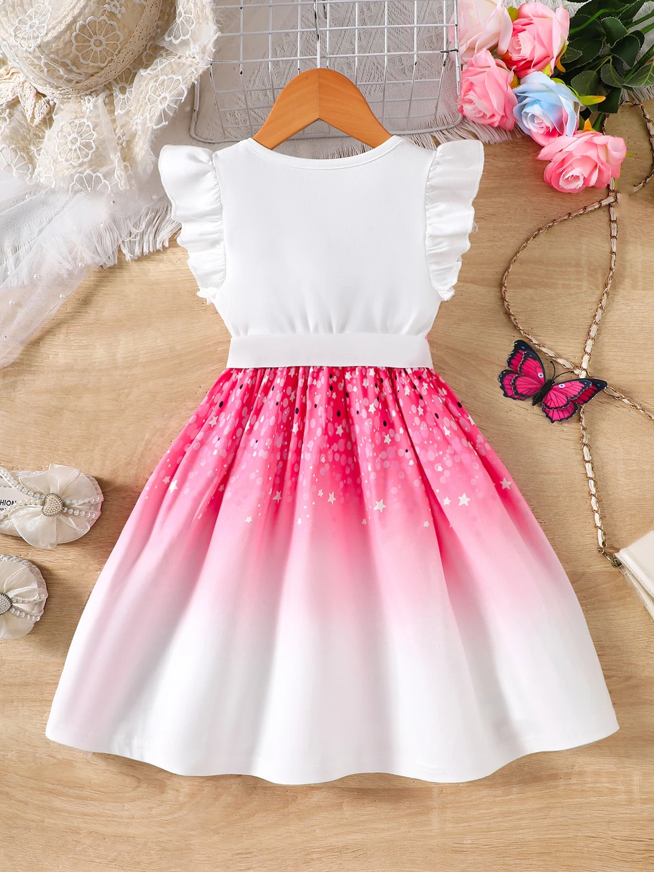 Girls Spring Summer Knitted Casual Fashion Round Neck Fly Sleeve Ruffle Butterfly Dresses