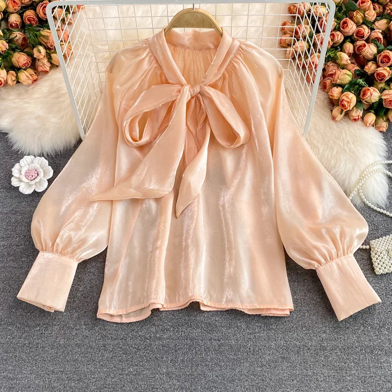Spring Women's New Harajuku Tops V-neck Solid Color Bowknot Lantern Sleeves Loose Fashion Elegant Mesh Temperament Ladies Shirt