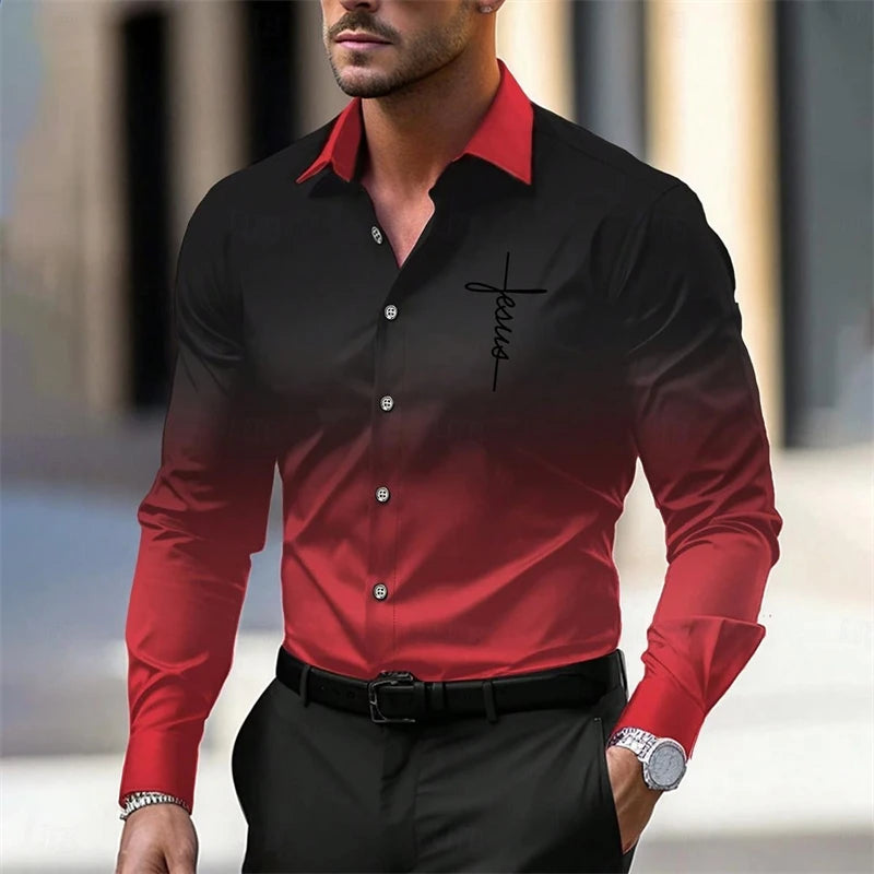 Simple Jesus Pattern Shirts For Men Spring Autumn Fashion 3D Printed Gradient Christian Long Sleeve Shirt Casual Loose Blouse