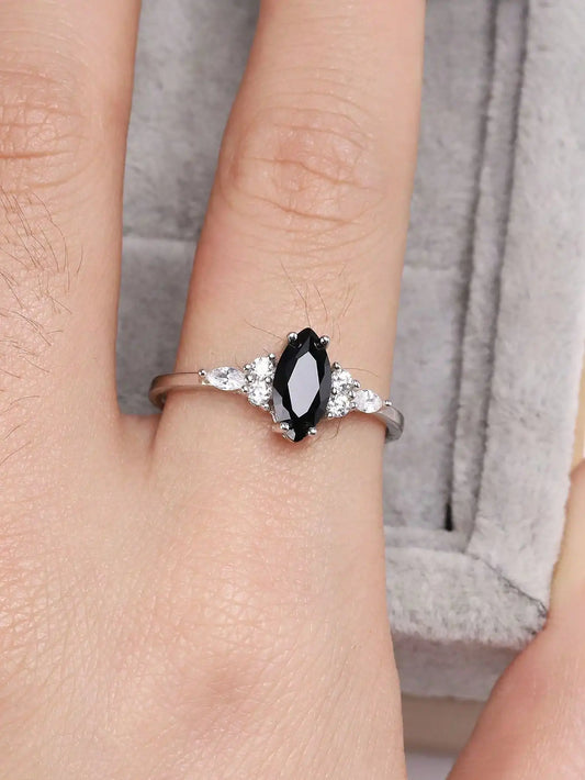 925 Sterling Silver Ring with Oval Black Agate Gemstone and White Matching Stone Europe & America Prom Party Style Fashion Women