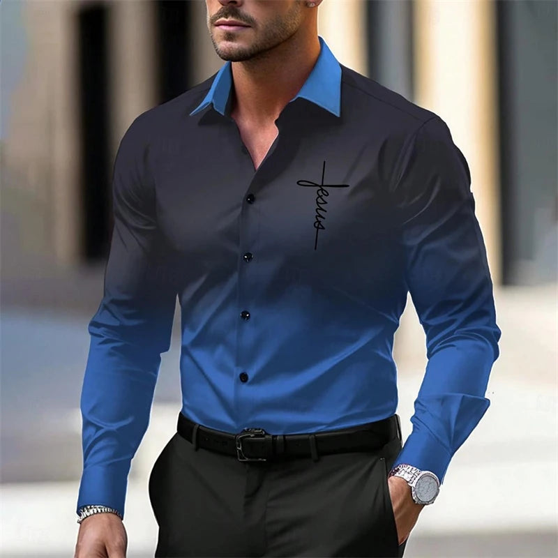 Simple Jesus Pattern Shirts For Men Spring Autumn Fashion 3D Printed Gradient Christian Long Sleeve Shirt Casual Loose Blouse