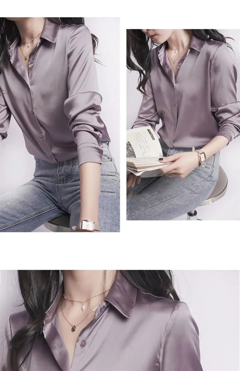 Spring Summer Casual Women's Satin Shirt Lapel Long Sleeve Blouse Loose Solid Color Office Lady Fashion Shirts Top