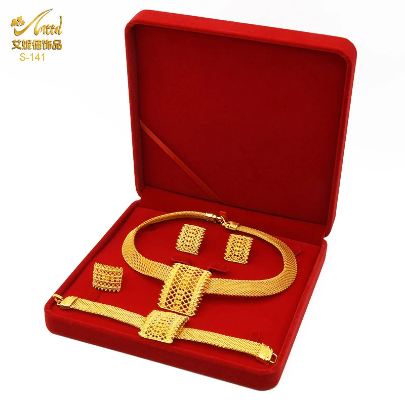 ANIID Dubai Plated Jewelry Set For Women Indian Earring and Necklace Nigeria Moroccan Bridal Accessorie Wedding Bracelet Gifts