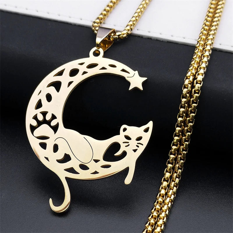 Aesthetic Cat Flower Moon Crescent Necklace for Women Men Stainless Steel Silver Color Bohemia Chain Gift Jewelry collar 3220