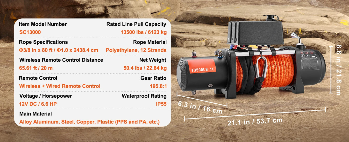 VEVOR 13500lbs Electric Winch Car Truck Winch with 80ft Synthetic Rope Wireless & Wired Remote Control for Towing Off-Road SUV - AMULET RING STORE