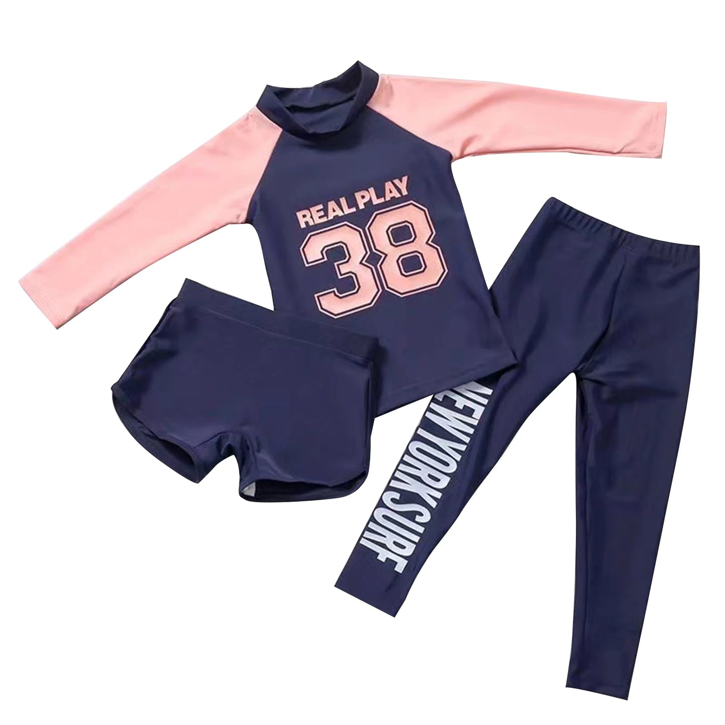 3Pcs Kids Girls Colorful Print Swimsuit Swimwear Long Sleeve Top+Shorts with Pants Set Sun Protection Rash Guard Swimming Outfit - AMULET RING STORE