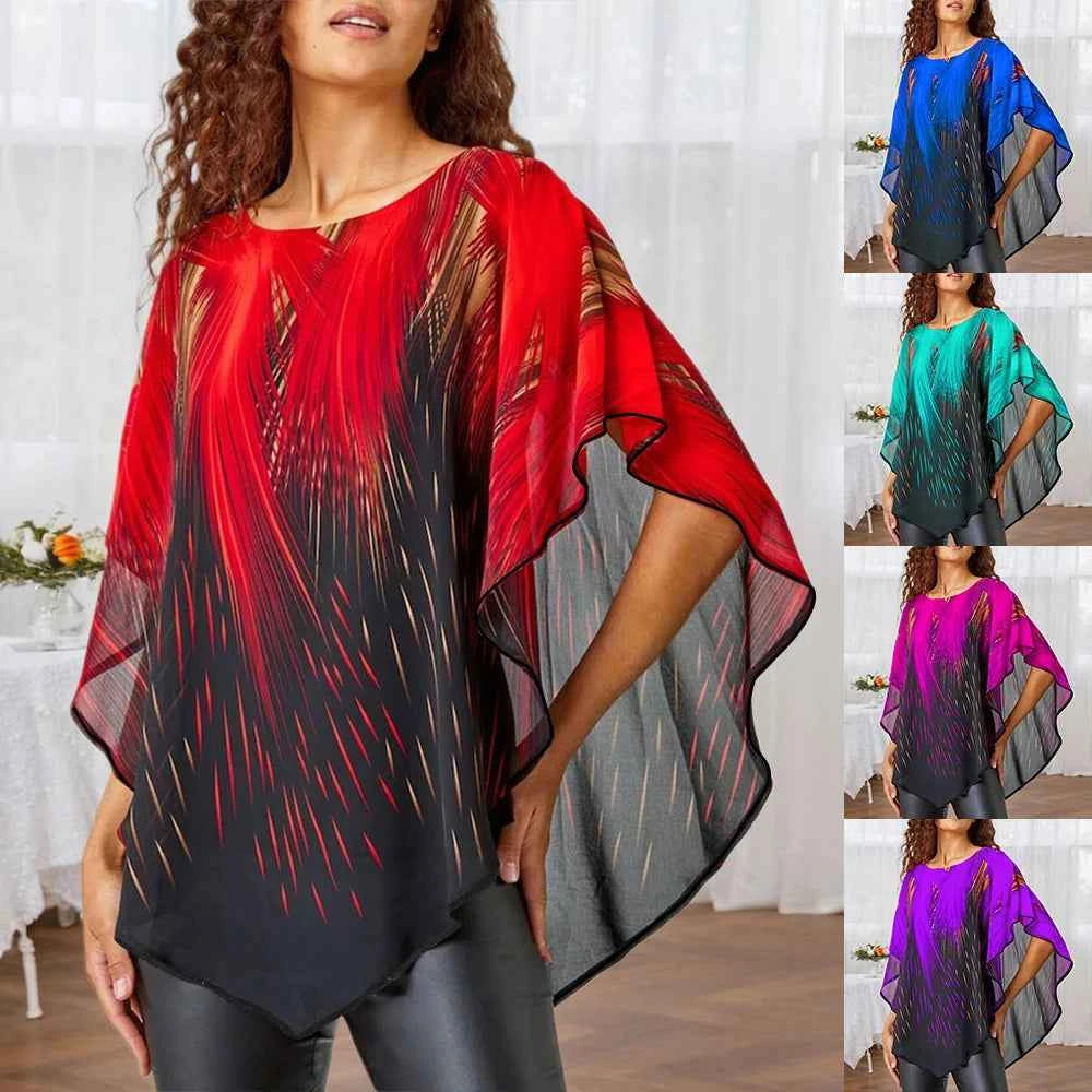 Plus Size Women's Aurora Printed Gauze Cloak Sleeve Blouse Tunic Tops Ladies Summer Casual Loose T Shirts Tee XL 2XL 3XL 4XL 5XL