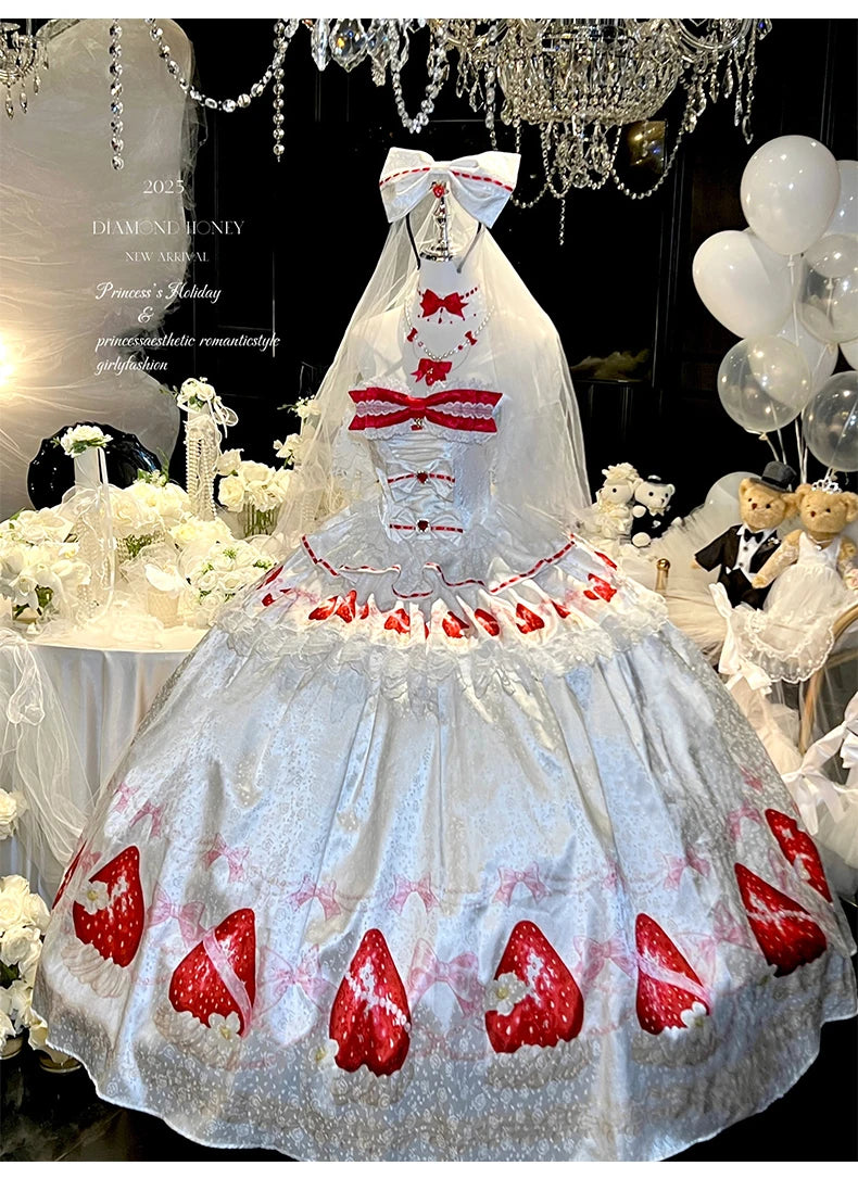 Sweet Princess Style Birthday Anniversary Wedding Dress New Lolita Cute Bow Sexy Strapless Girl Temperament Puffy Lace Dresses
