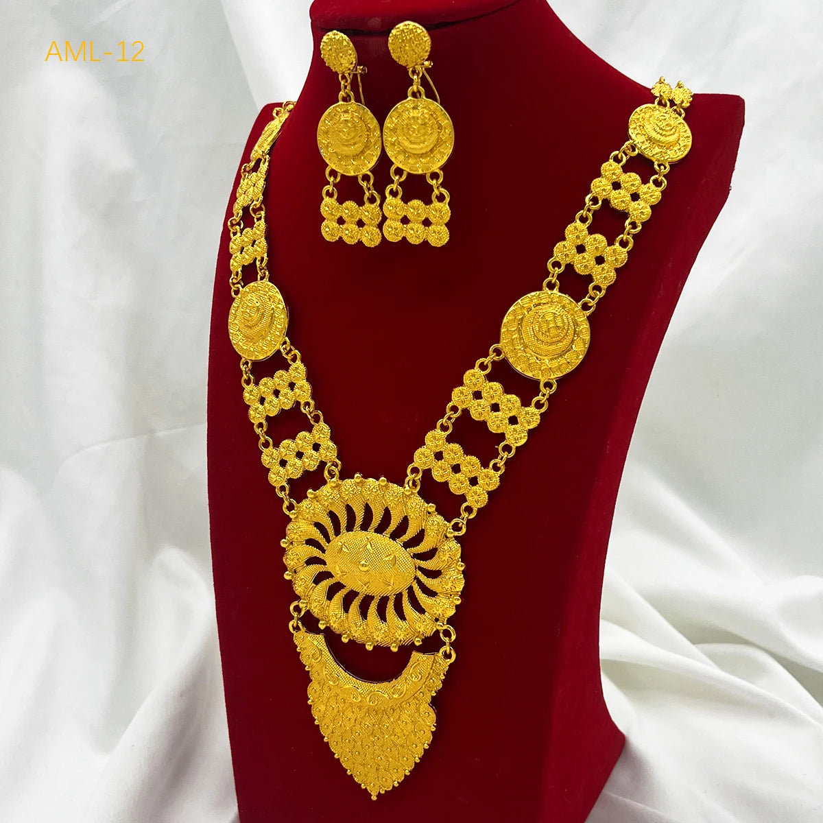 Bridal Indian Necklace Sets 24K Gold Plated Long Pendant For Women Nigeria African Dubai Wedding Earring Jewelry Set Party Gift
