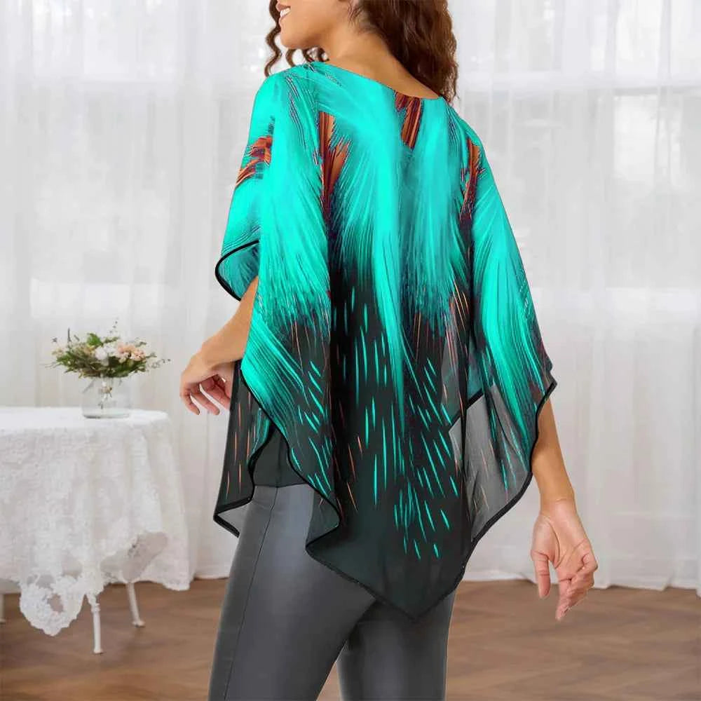 Plus Size Women's Aurora Printed Gauze Cloak Sleeve Blouse Tunic Tops Ladies Summer Casual Loose T Shirts Tee XL 2XL 3XL 4XL 5XL