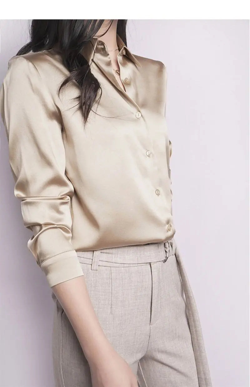Spring Summer Casual Women's Satin Shirt Lapel Long Sleeve Blouse Loose Solid Color Office Lady Fashion Shirts Top