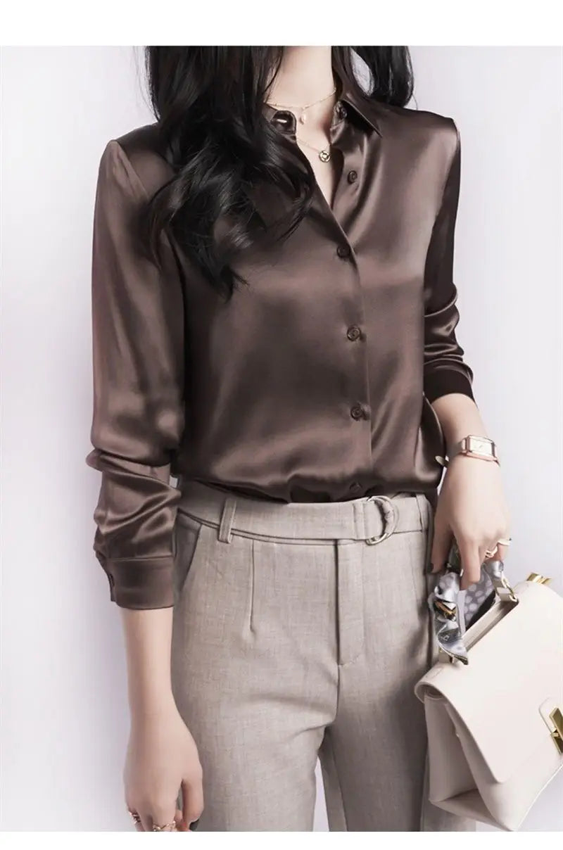 Spring Summer Casual Women's Satin Shirt Lapel Long Sleeve Blouse Loose Solid Color Office Lady Fashion Shirts Top
