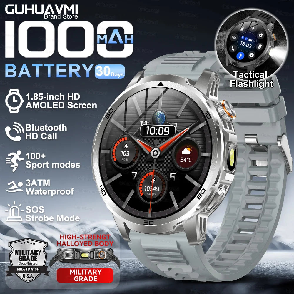 1000mAh Super Large Battery Military Smart Watch BT Call LED Flashlight SOS Alarm 5ATM Waterproof Outdoor Tactical Watches Men