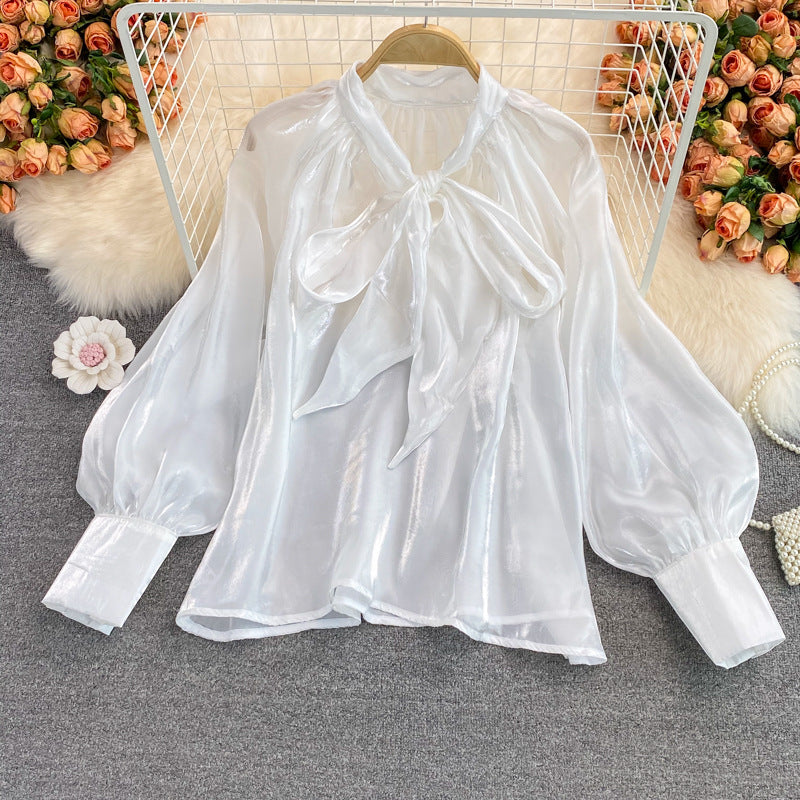 Spring Women's New Harajuku Tops V-neck Solid Color Bowknot Lantern Sleeves Loose Fashion Elegant Mesh Temperament Ladies Shirt